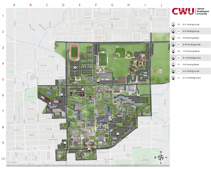 Ellensburg Campus Map. There are pin points to each lot across campus.