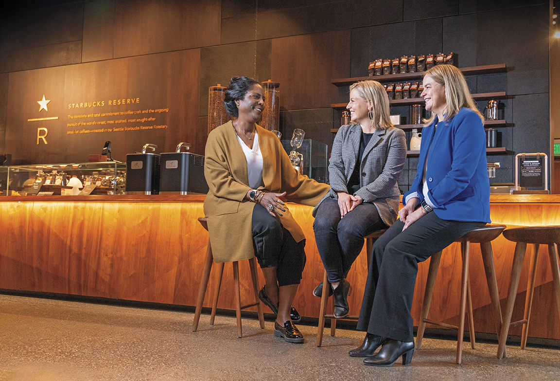 CWU alumni and Starbucks executives talk in the Seattle corporate headquarters