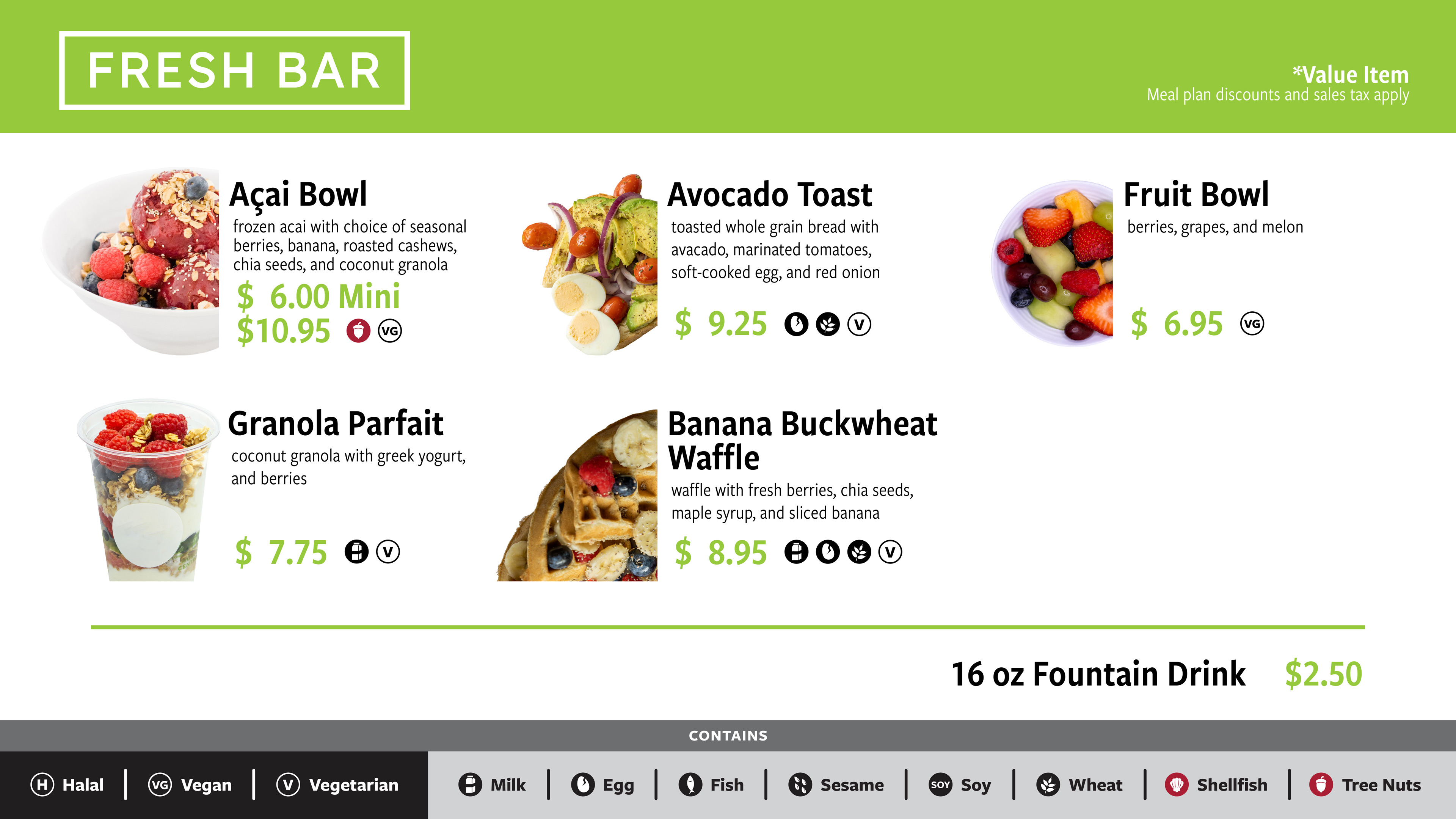 The all day breakfast menu board for Fresh bar