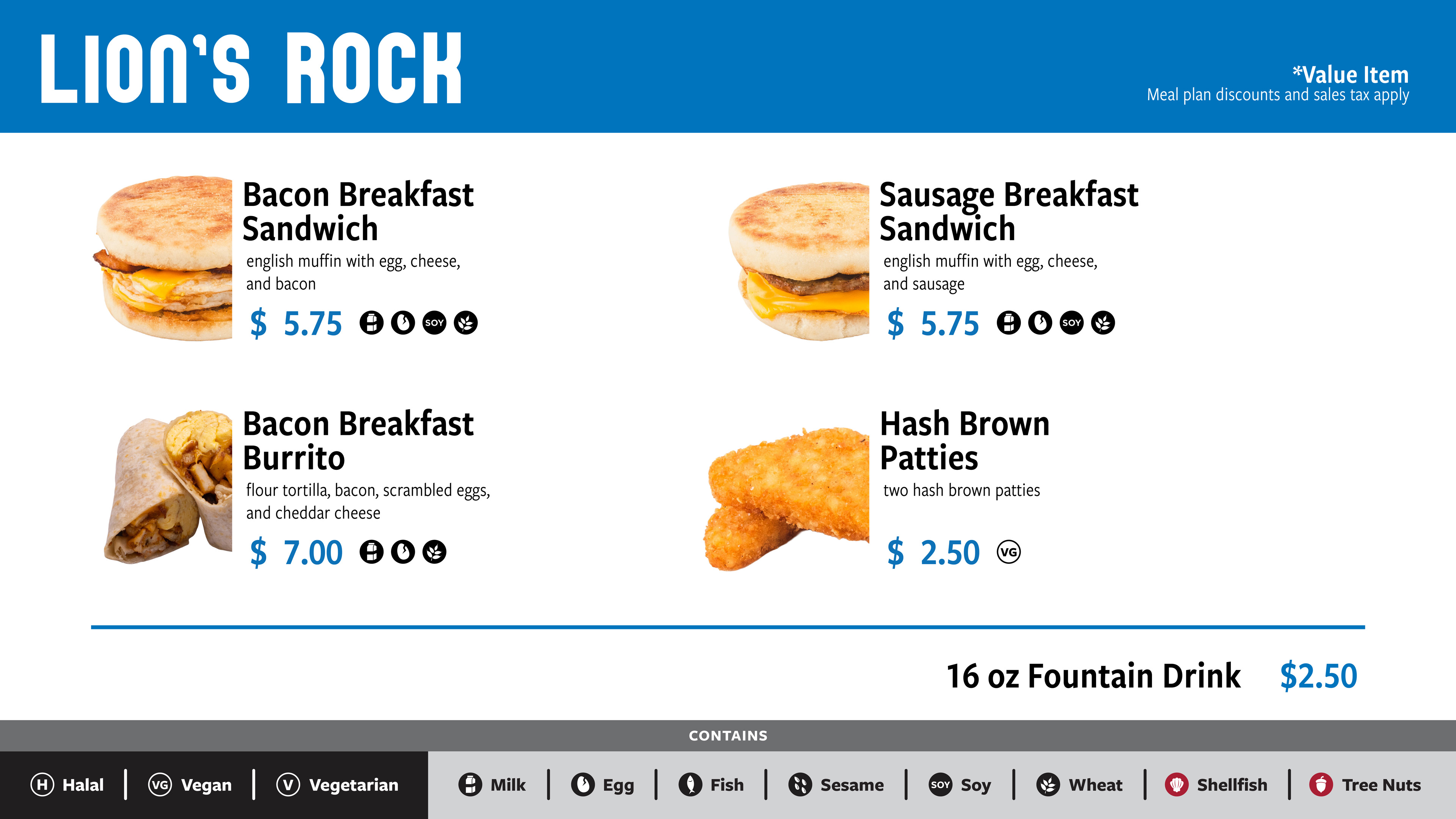The breakfast menu board for Lions Rock
