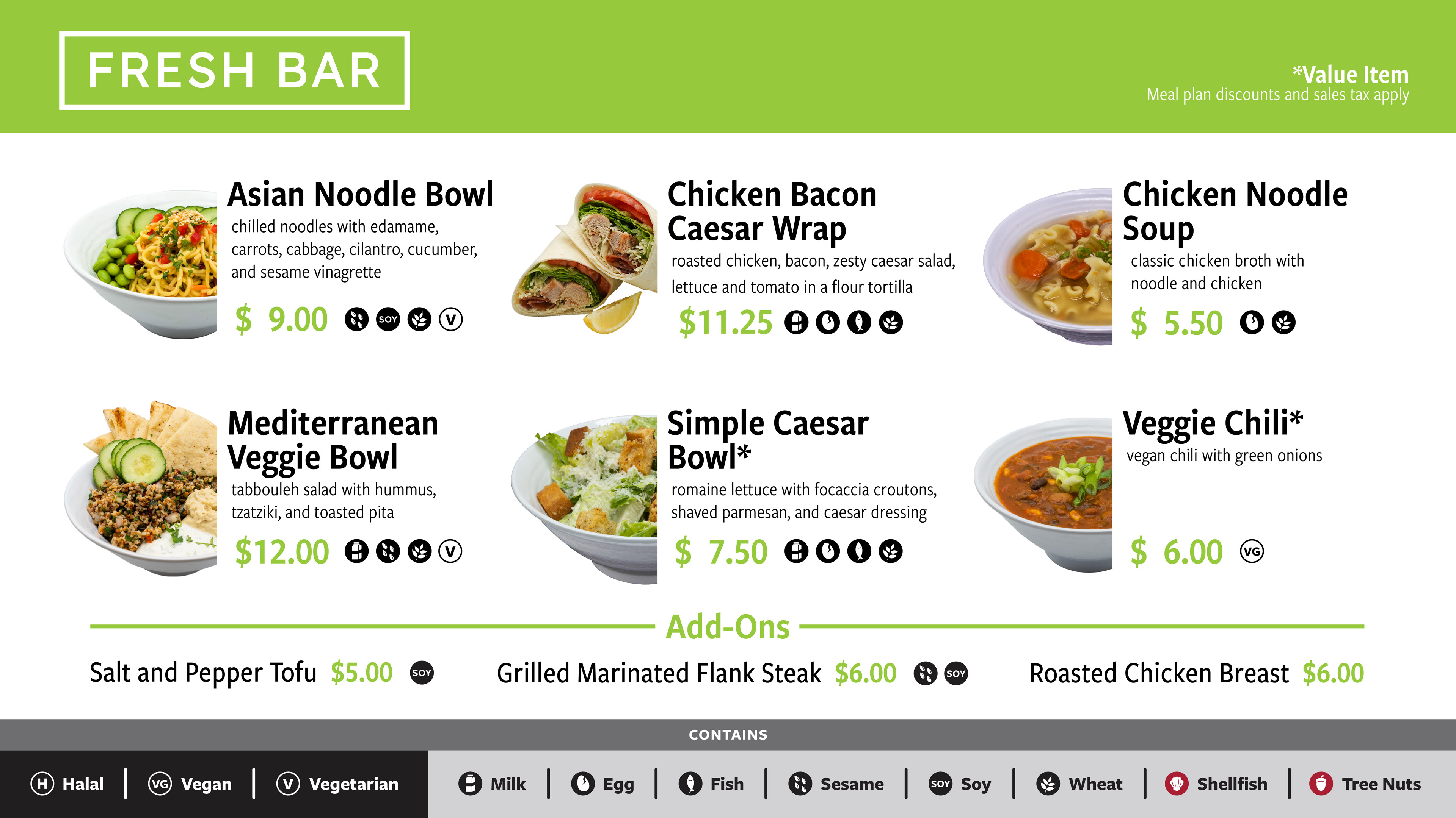 The lunch menu board for Fresh Bar