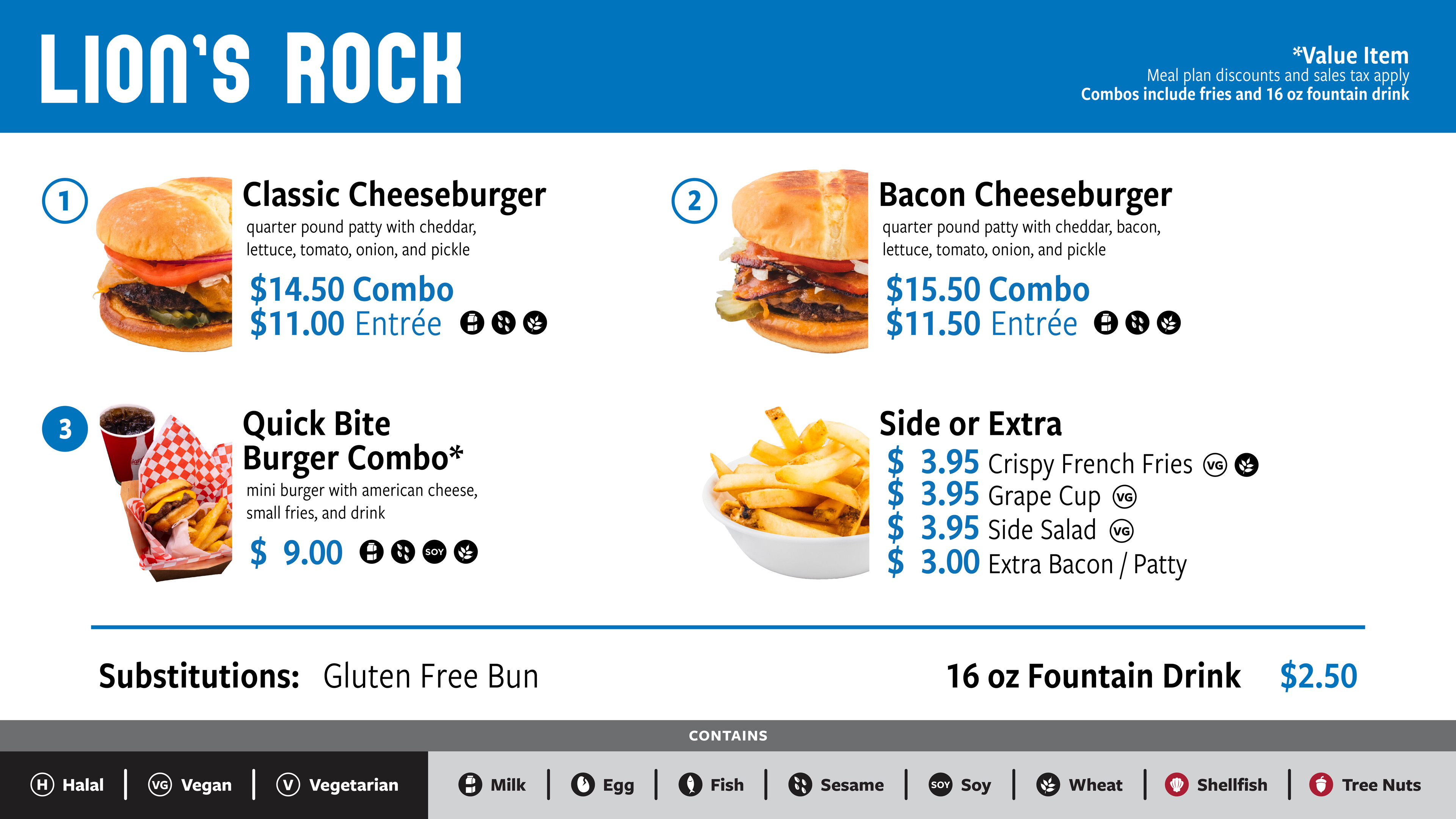 The lunch and dinner menu board for Lions Rock