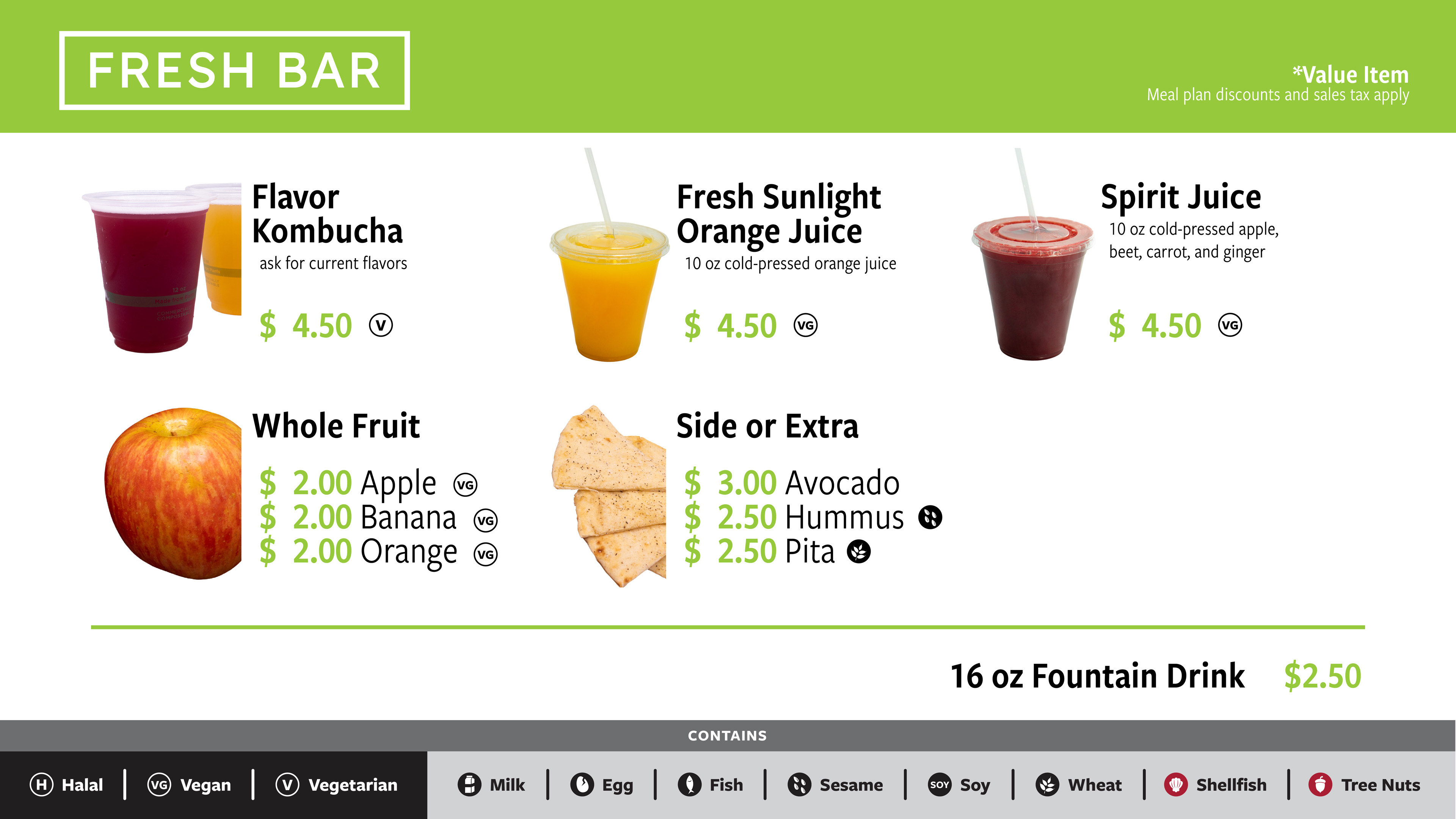 The drinks and more menu for Fresh Bar