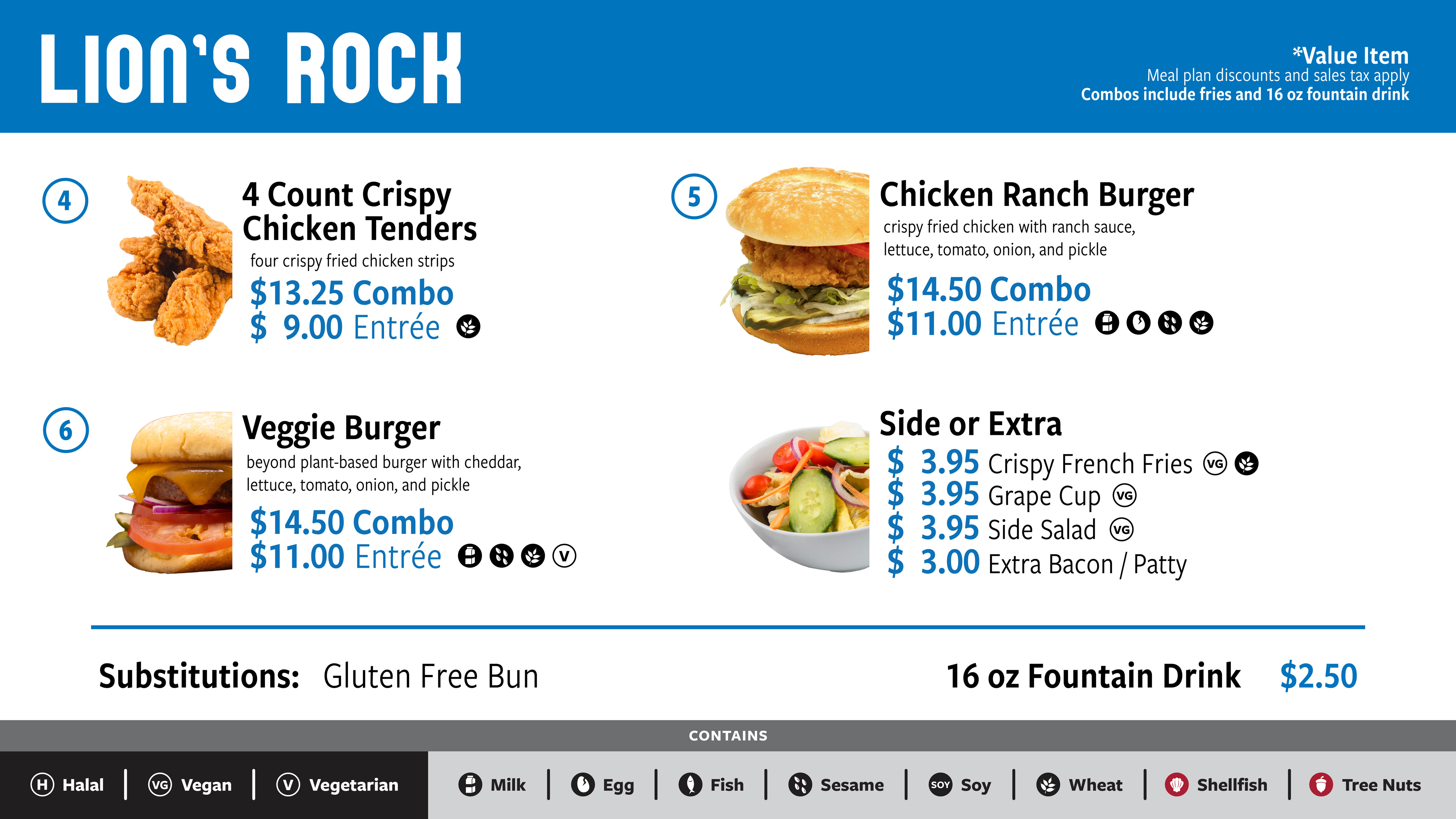 The lunch and dinner menu for Lion's Rock