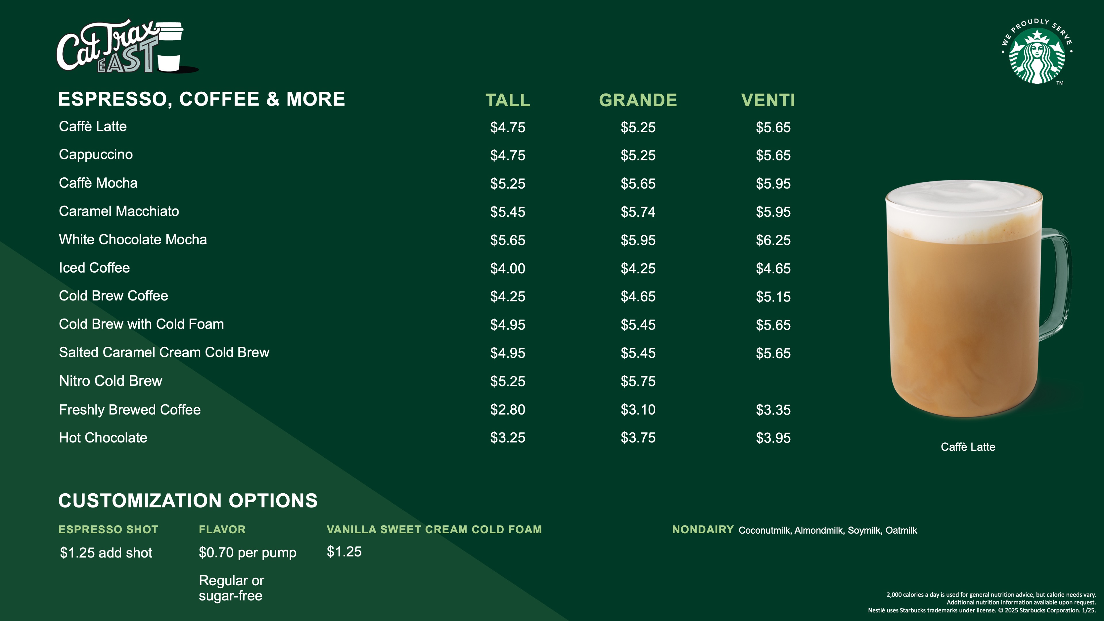 The Menu board for cat trax east