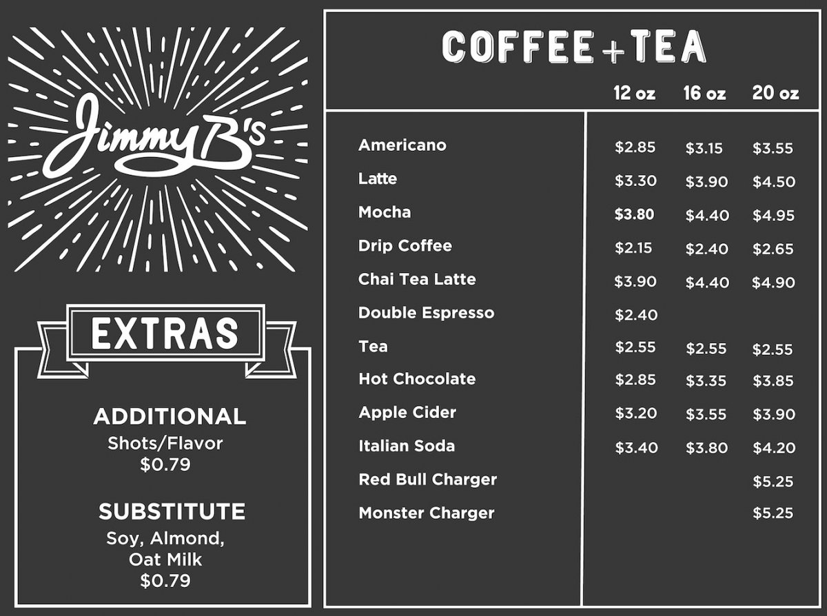 The coffee and tea menu board from Jimmy B's