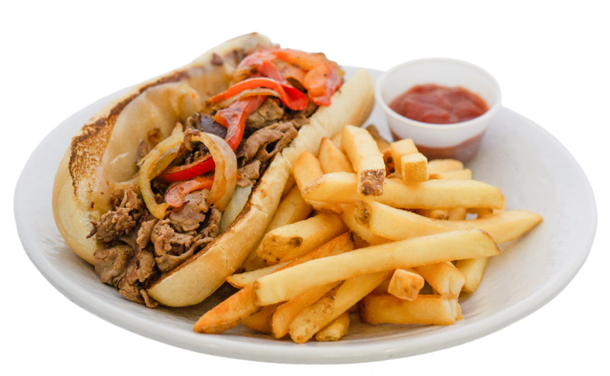 A melty Philly Cheesesteak sandwich with crispy fries and ketchup