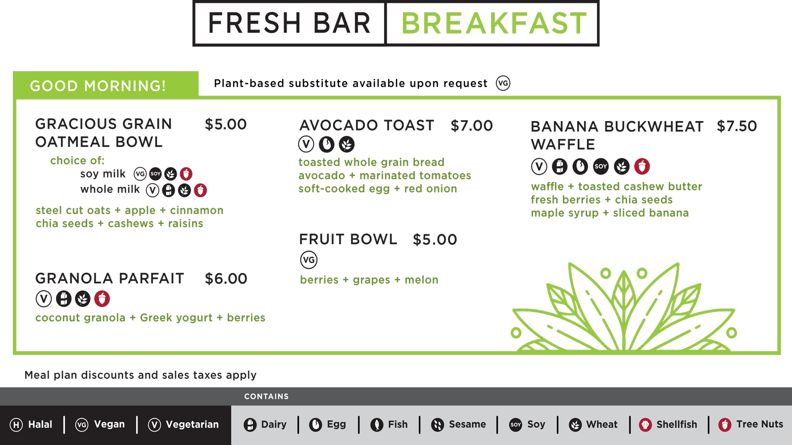 The main breakfast menu board for Fresh Bar
