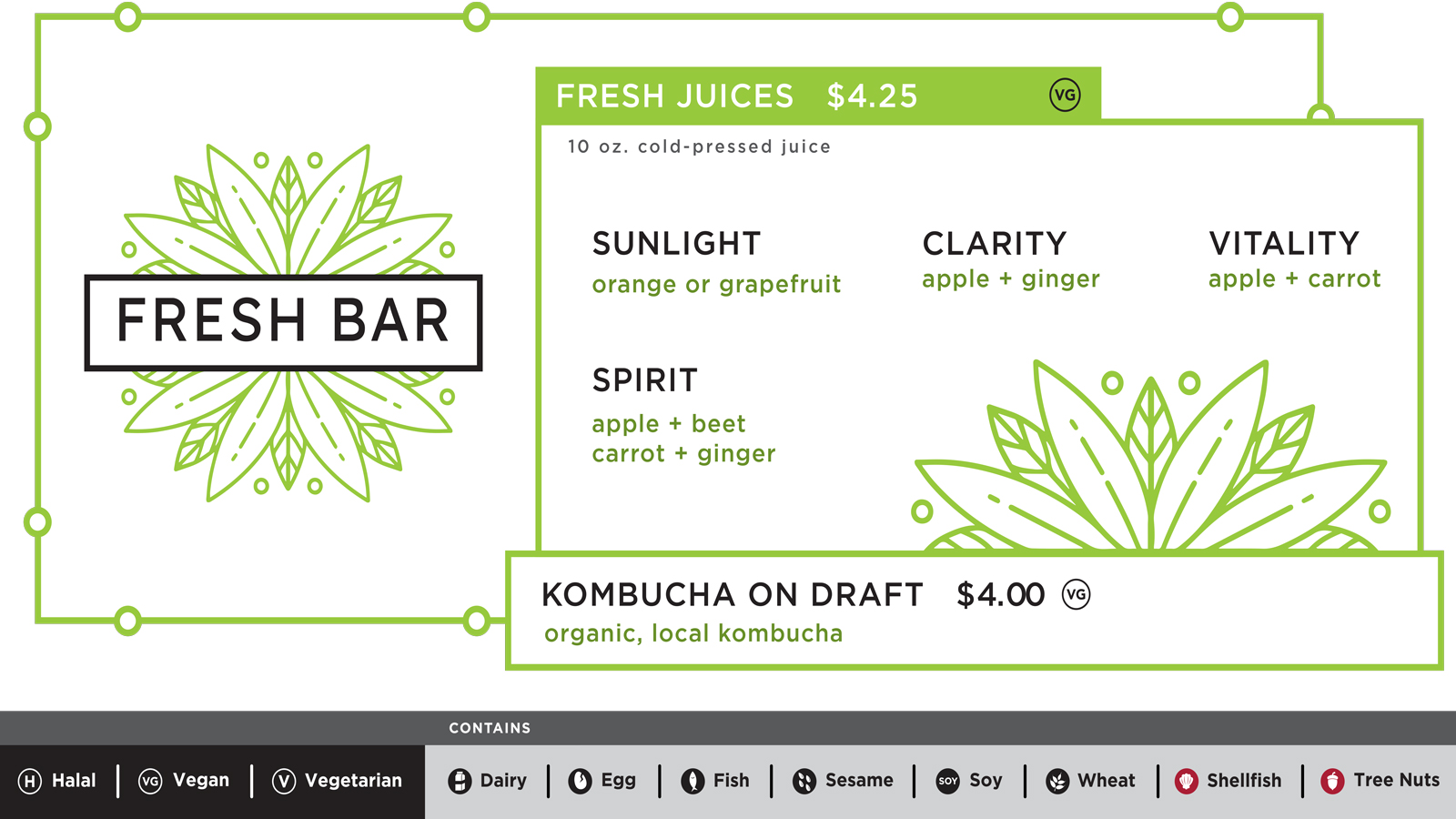 The fresh juice menu for Fresh Bar