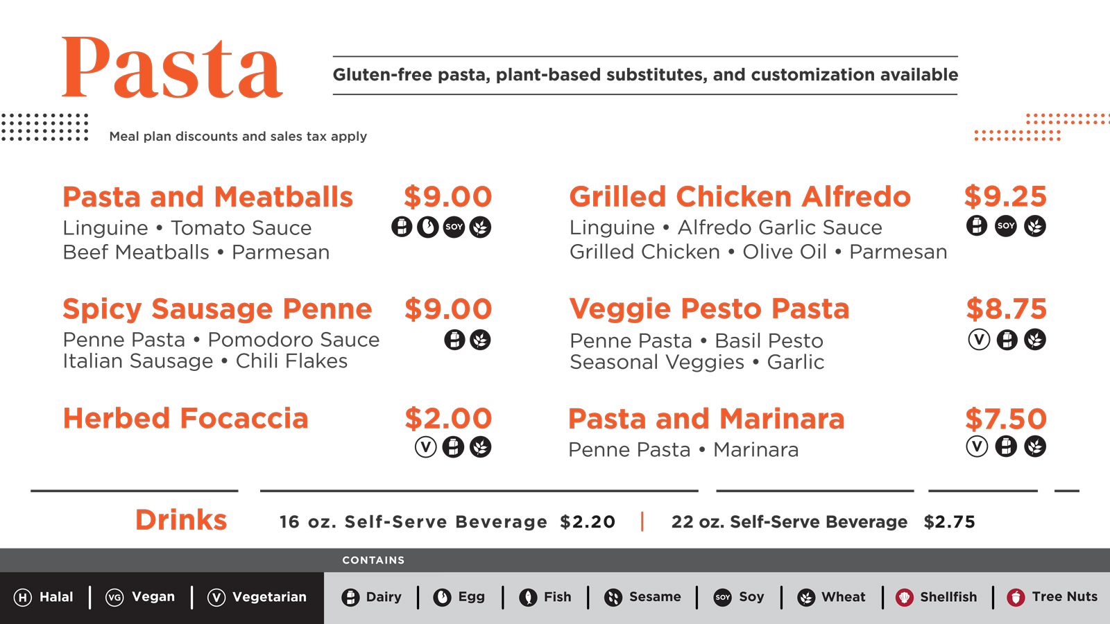 The pasta menu board