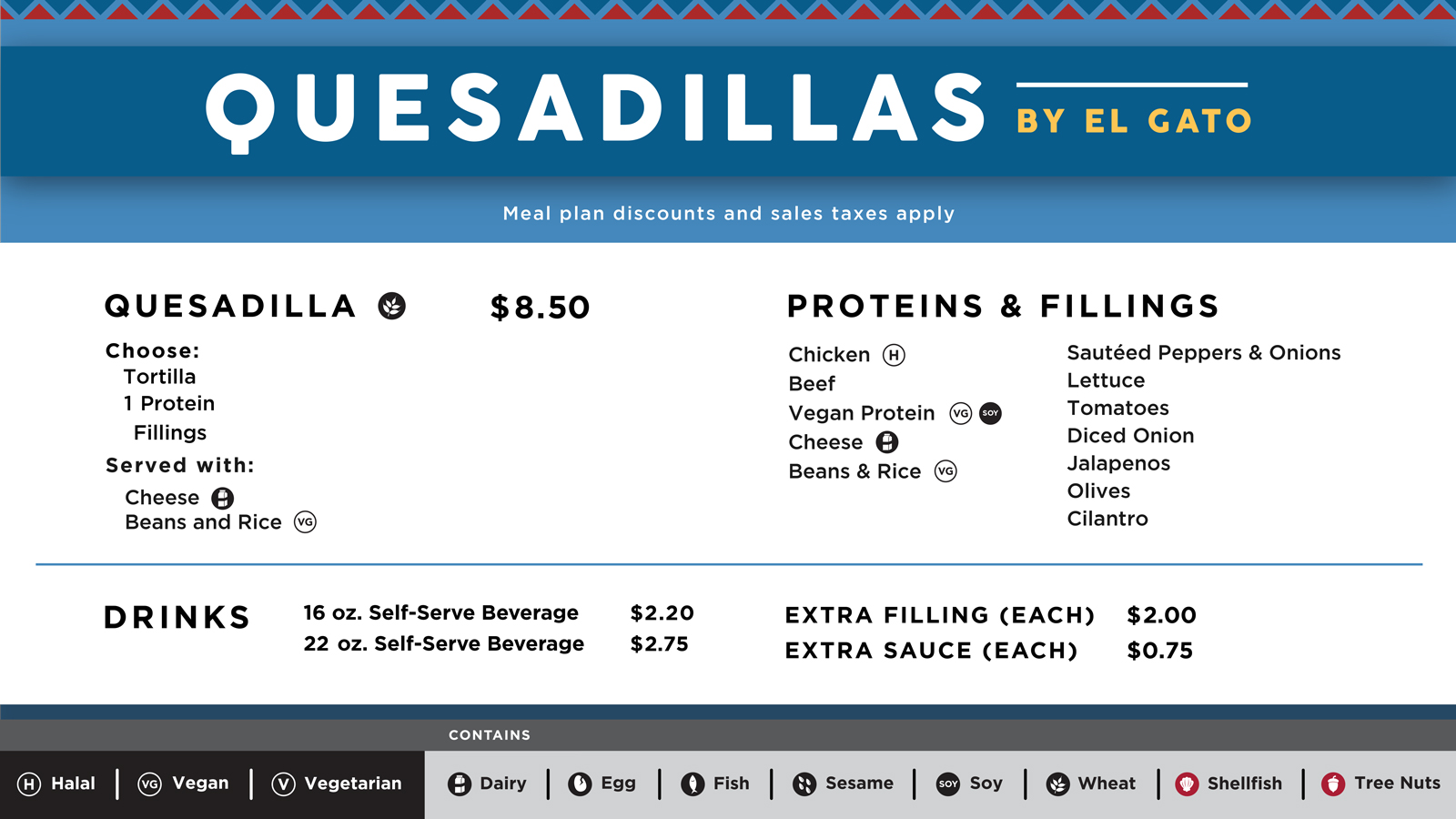 The menu board for Quesadillas by El Gato