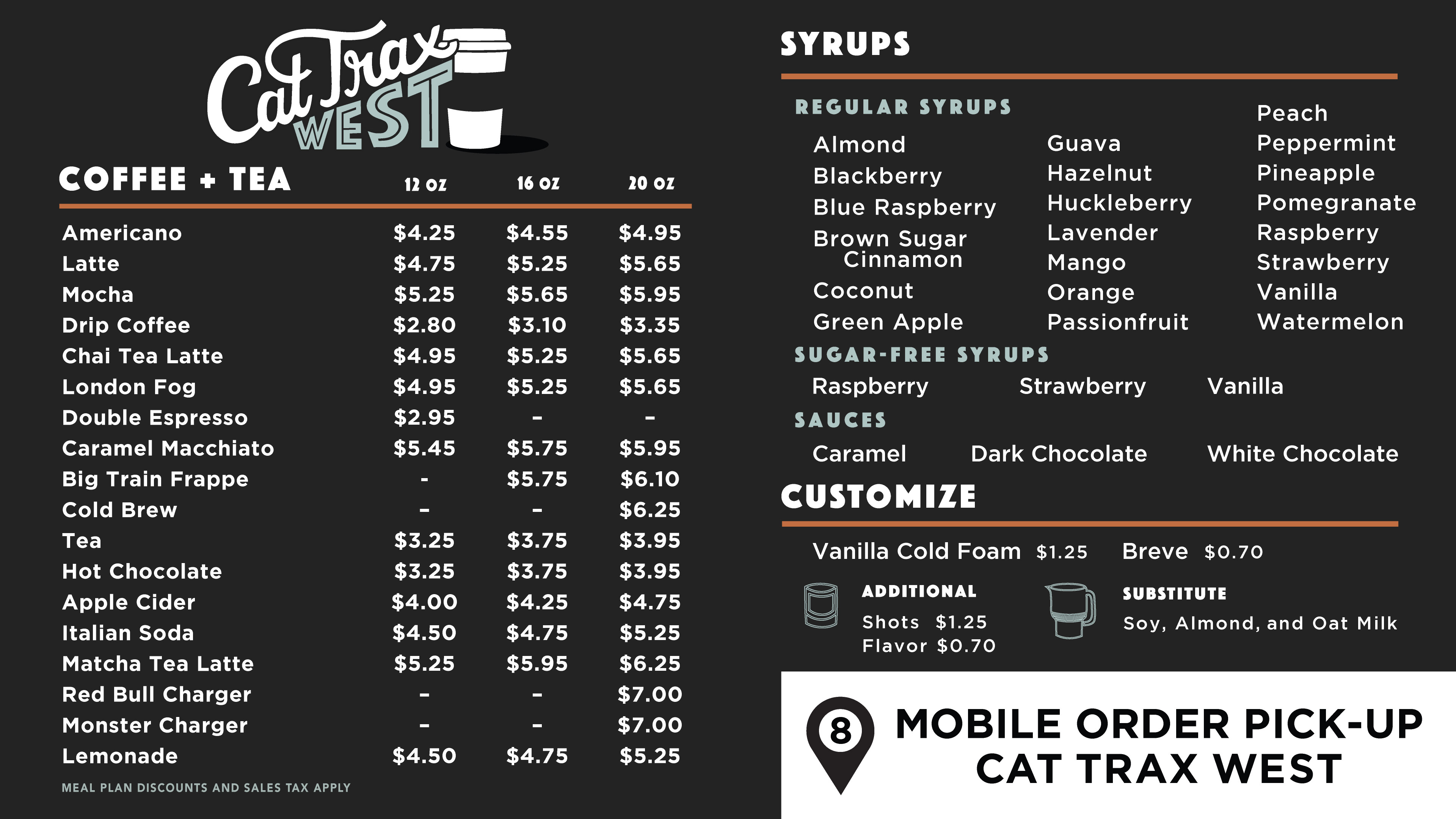 The menu board for Cat Trax West Café