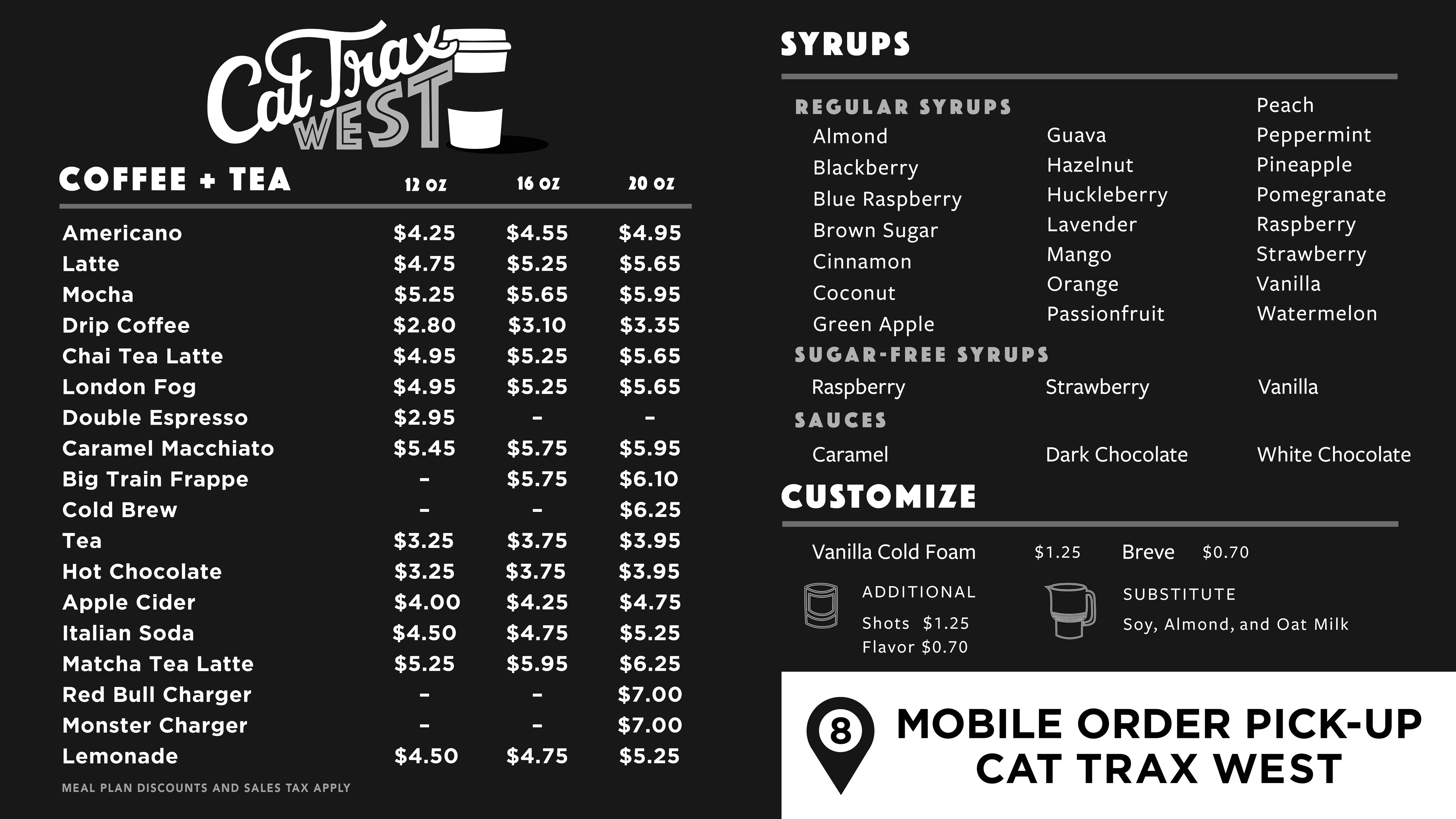 The menu board for Cat Trax West Café
