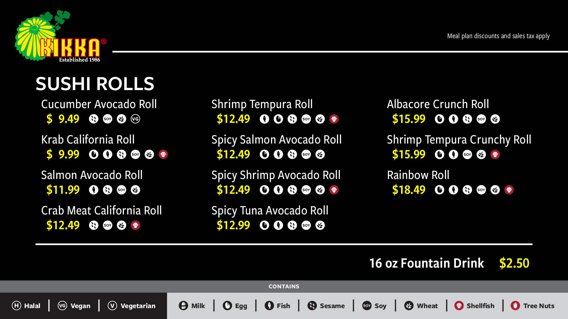 Kikka Sushi Rolls Menu