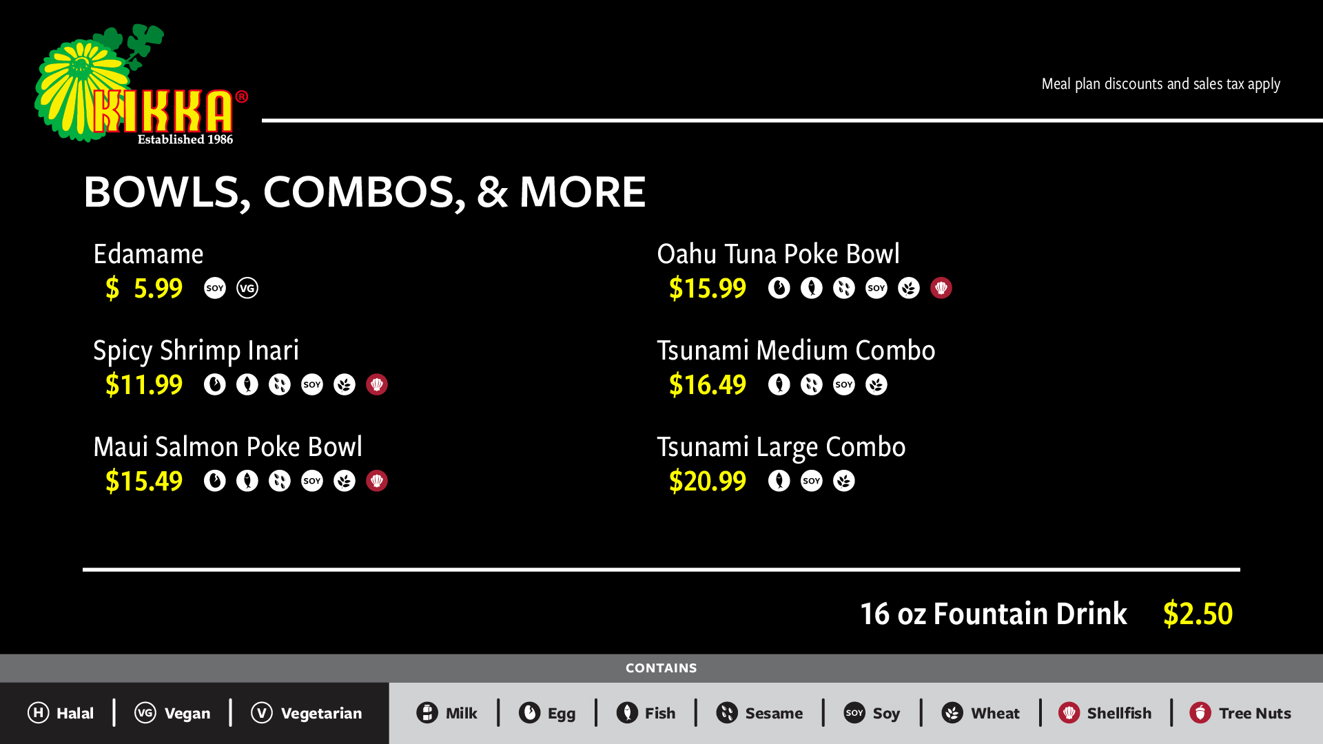 Kikka Sushi Bowls and Combos menu