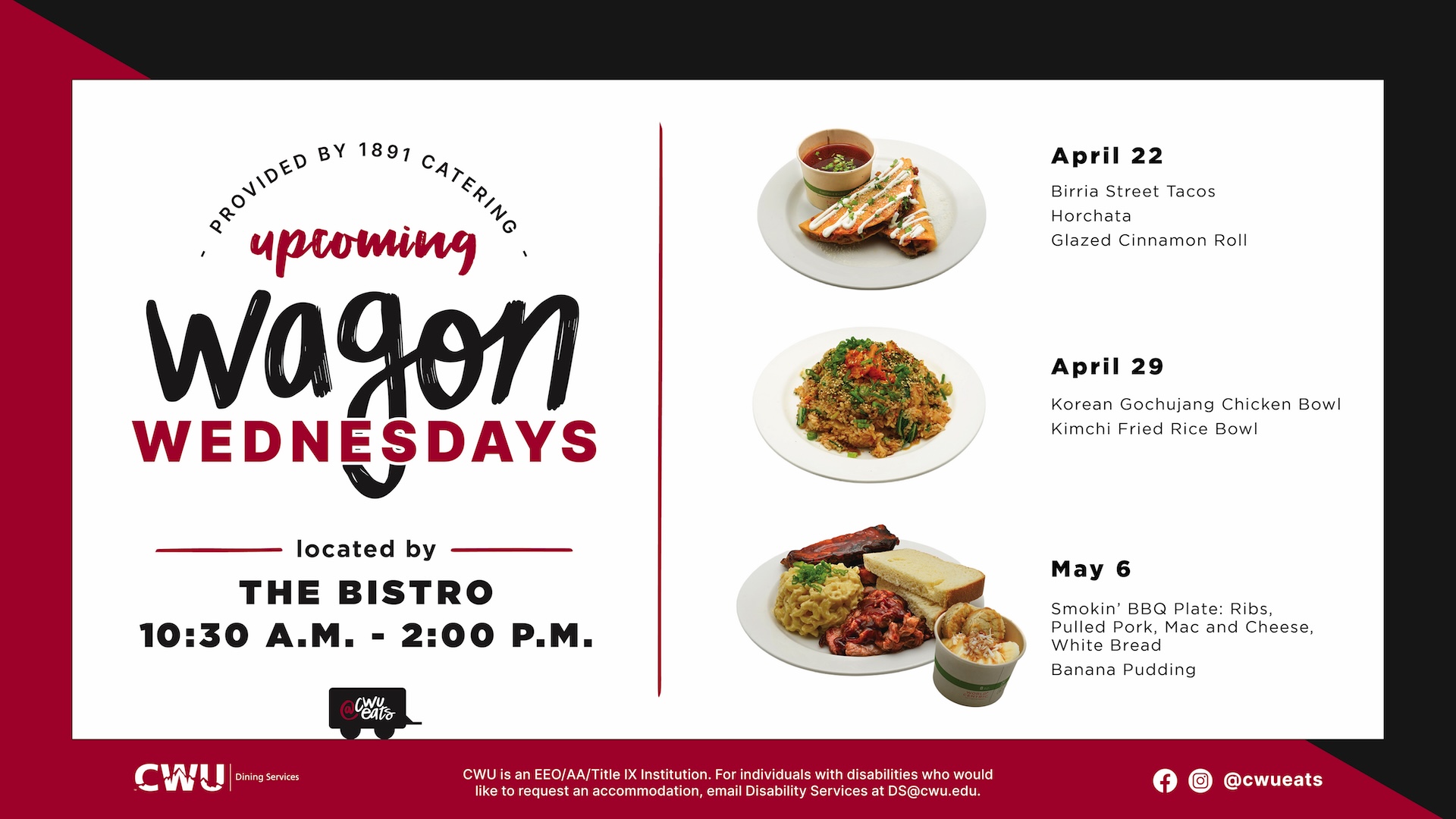 Menu for April 22, 29, and May 6