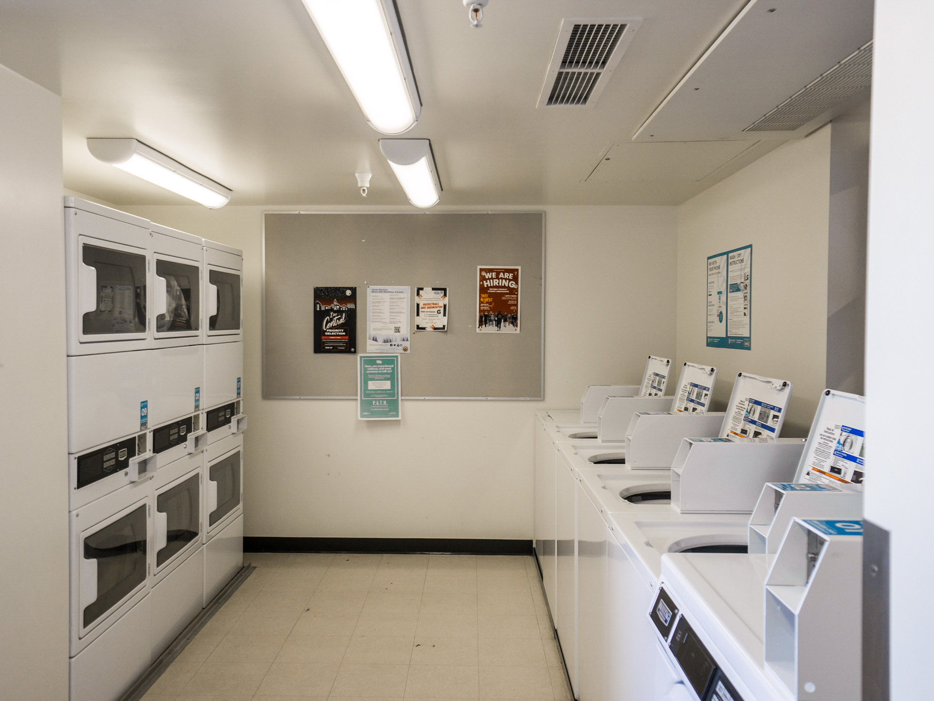 One of two laundry rooms in Barto Hall with washers and dryers