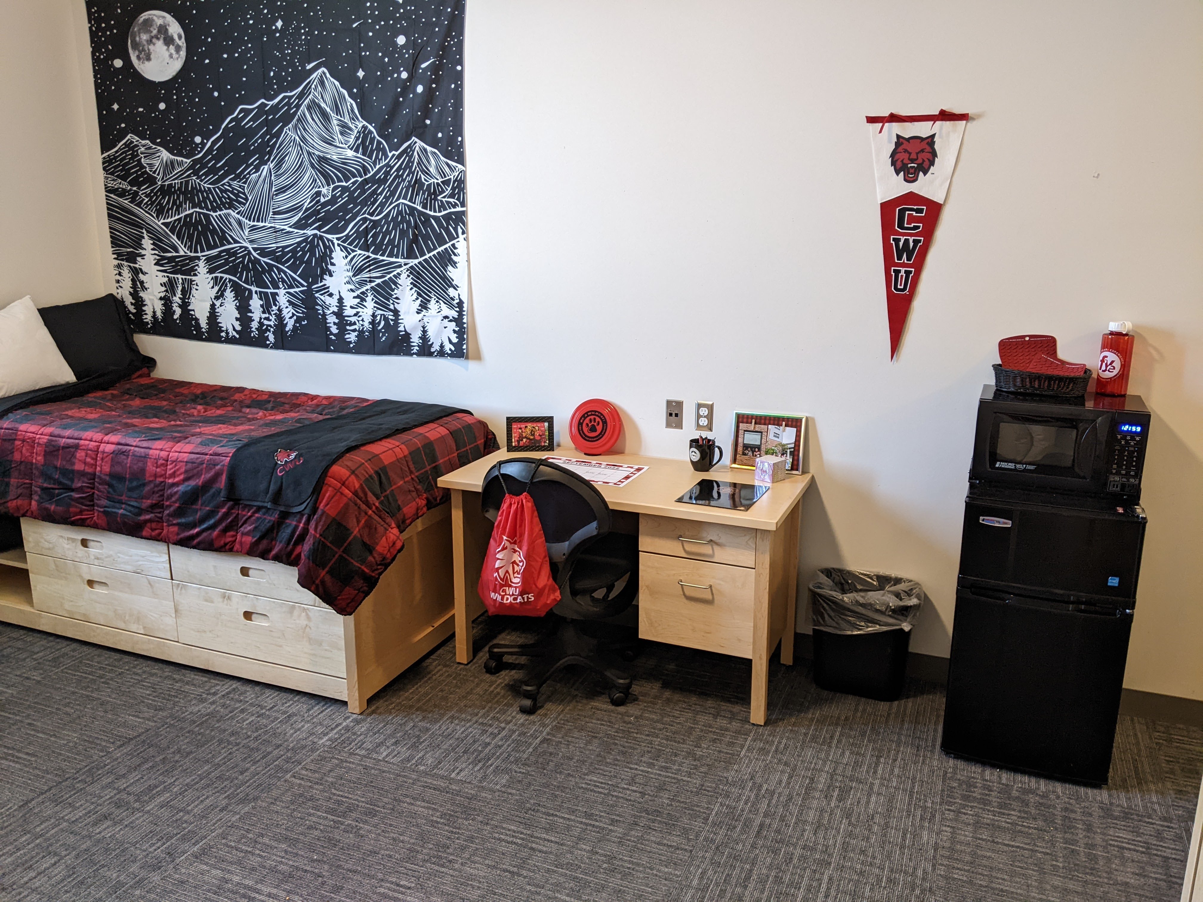 Twin XL bed, desk, and microwave fridge combo unit