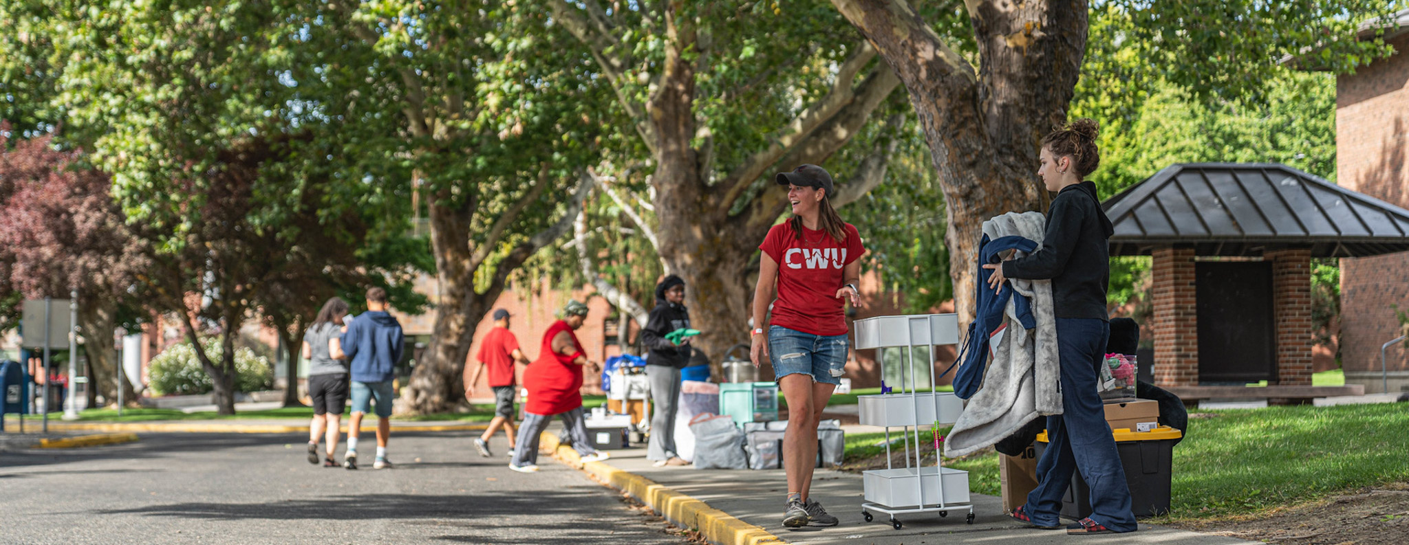 Students moving into the residence halls on a summer day