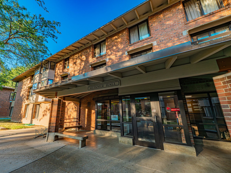 Residence hall front entrance with covered porch