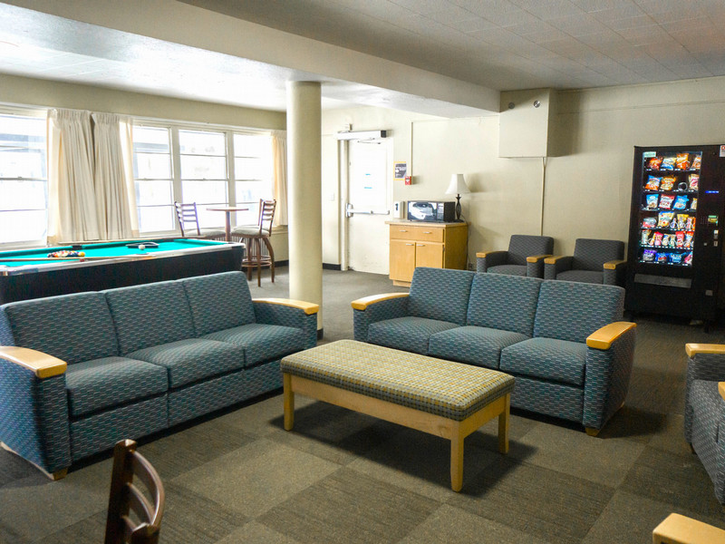 Lounge with vending machines and a pool table
