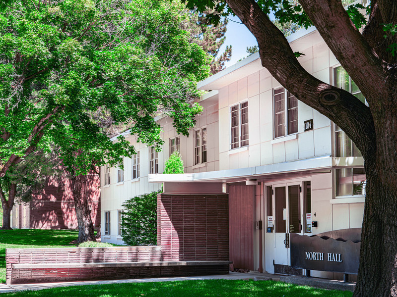 Outside of a two-story residence hall