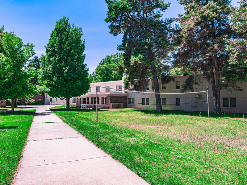 Back of North Hall with volleyball net behind building