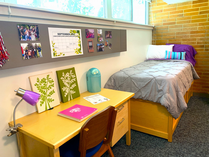 Room with twin XL bed, desk, and closet