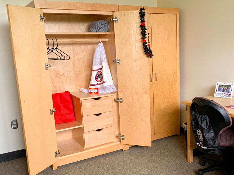 Closet with hanging rod, drawers, and shelves inside