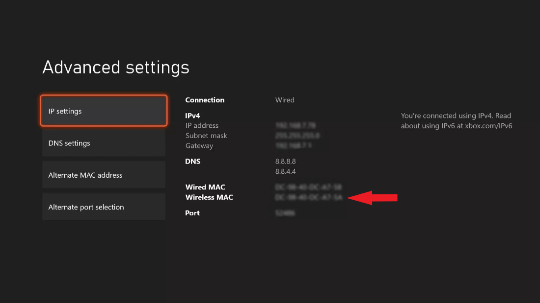 IP settings highlighted