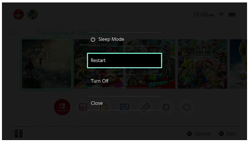Screenshot of switch restart button highlighted