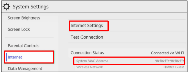 Screenshot of switch internet settings