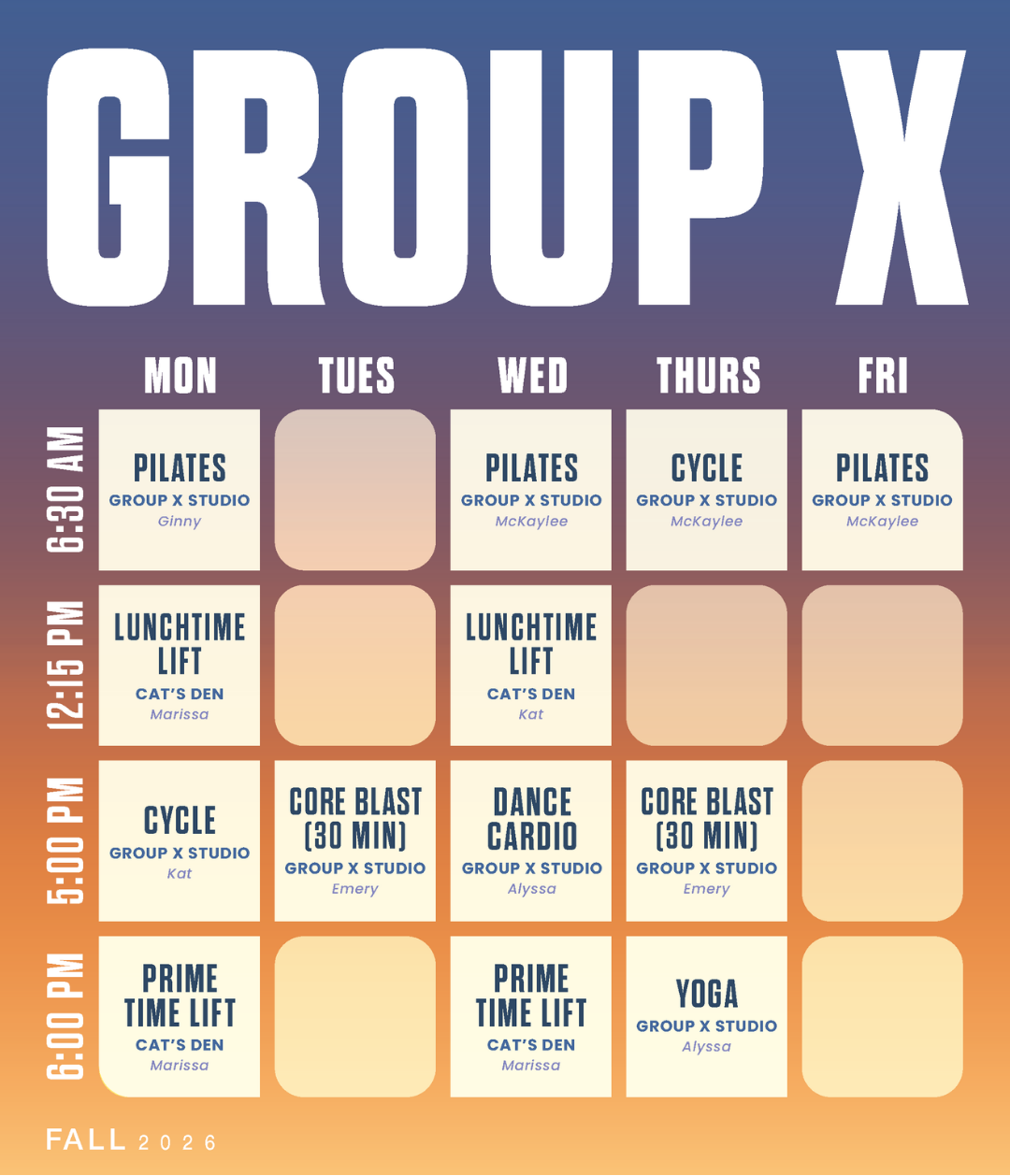 Group X Fall Schedule